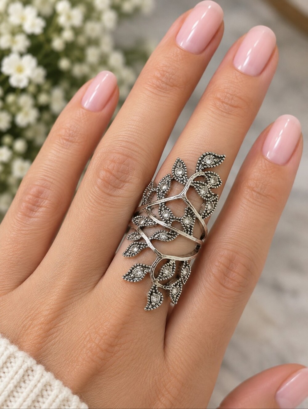 Silver-Tone Crystal Vine Leaf Statement Ring